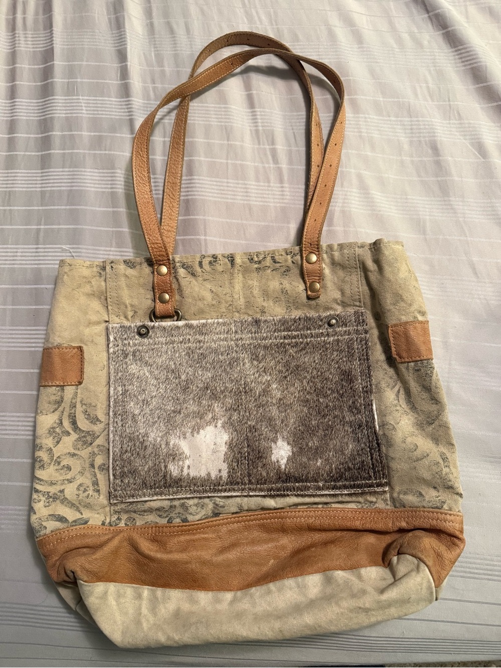 Max & Cleo Canvas Tote with Hair-On Panel in Tan and Cream